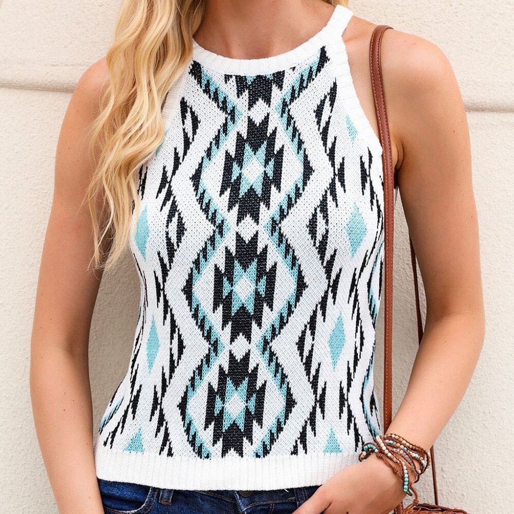 Blue and Black Aztec Geometric Print Knitted Tank